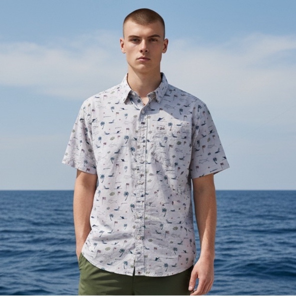 Huk KC Fish Beach Freedom Kona Men's Shirt Gray Nautical Pattern Size-M NWT